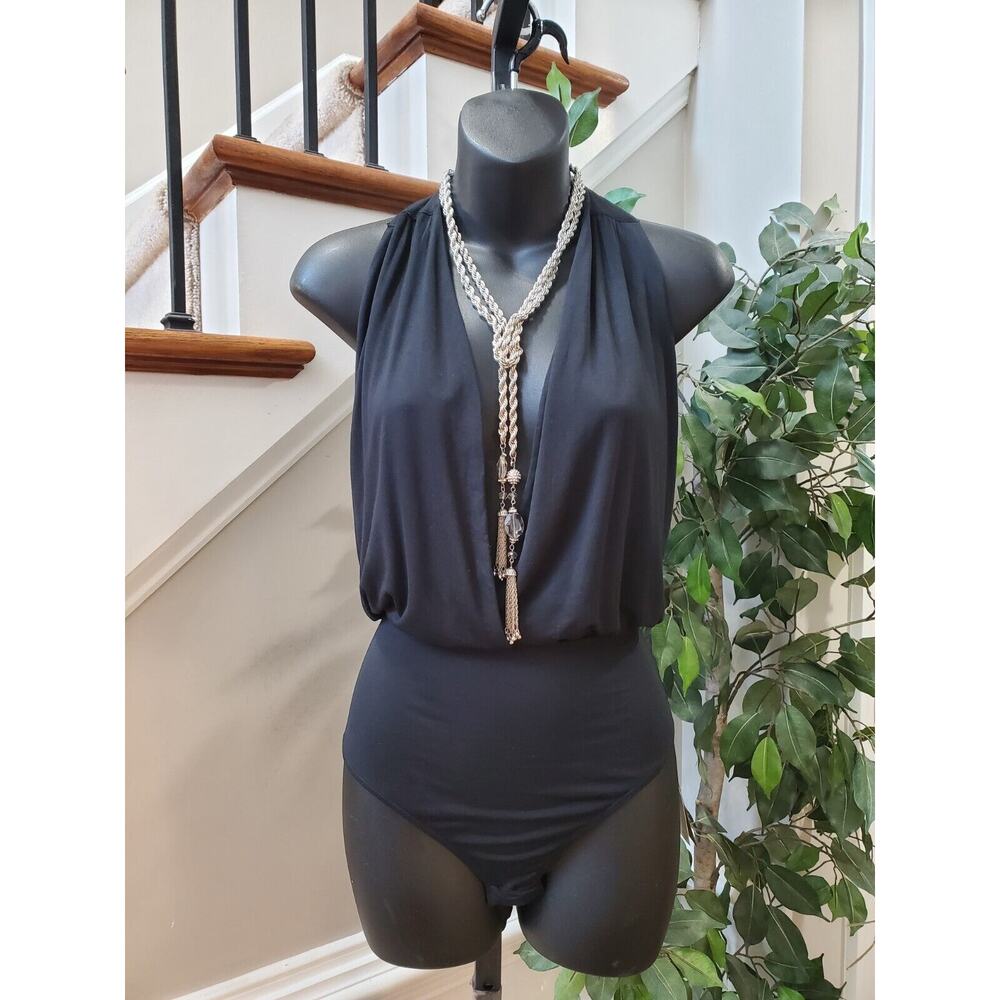 Joes Women Black Solid Modal Deep Neckline Sleeveless One-Piece Bodysuit Size L